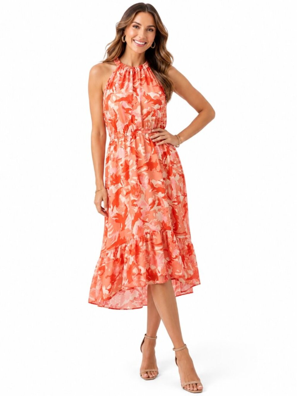 Nine West Coral Tropical Floral Halter Midi Dress XL Tiered Fit Flare Resort